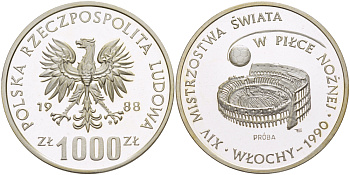 Польша 1000 злотых 1988 MW, чемпионат мира по футболу в Италии 1990 года, стадион, PROBA, тираж 7000 экземпляров KM Pr 581, Parchimowicz P.496a серебро PROOF 1085-2-31