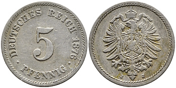 ГЕРМАНИЯ 5 ПФЕННИГОВ 1876 J, СТАРОГЕРБОВКА KM 3, J.3 медно-никель 4387-748