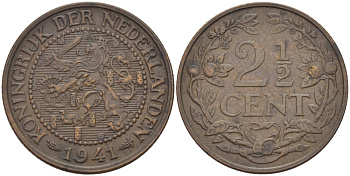 НИДЕРЛАНДЫ 2 1/2 ЦЕНТА 1941 ВИЛЬГЕЛЬМИНА KM 150 бронза 24-341