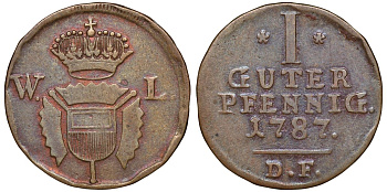 Шаумбург-Гессен-Кассель 1 пфенниг 1787 DF KM 37 медь    1531-1241