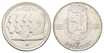 Бельгия 100 франков 1950 Леопольд III (1934-1950), Belgique KM 138 серебро 1519-831