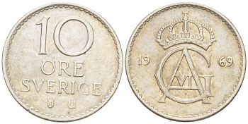 Швеция 10 эре 1969 U, Густав VI Адольф (1950-1973) KM 835 медно-никель 4516-943