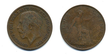 Великобритания 1 пенни 1920 Георг V (1910-1936) КМ 810, Spink 4051 бронза 47-336