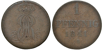Ганновер 1 пфенниг 1841 S, Эрнст Август (1837-1851) KM 173.3, AKS 128, J. 54 медь 72-1621