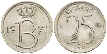 БЕЛЬГИЯ 25 САНТИМОВ 1971 BELGIQUE KM 153.1 медно-никель 201-1267