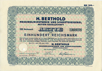 Германия 100 рейхсмарок 1932 Фабрика латунных линий и литейный цех имени Х. Бертольда, акция   бумага   8801-94-1