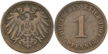 Германия 1 пфенниг 1904 J, Вильгельм II (1888-1918) KM 10, J. 10 медь 4608-245