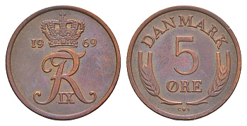 Дания 5 эре 1969 С. S, Фредерик IX (1947-1972) KM 848 бронза 4654-336