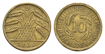 Германия 10 рейхспфеннигов 1936 D KM 40, J. 317 алюминиевая бронза 4684-224