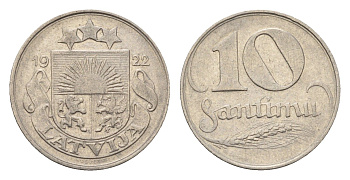 Латвия 10 сантимов 1922 год-тип KM 44 никель 4689-811