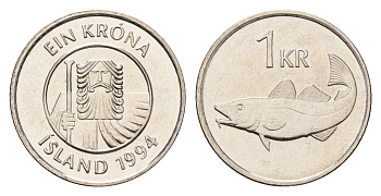 Исландия 1 крона 1994 треска KM 27a сталь плакированная никелем UNC 4691-552