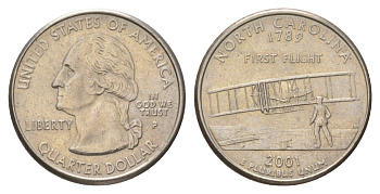 США 25 центов (квотер, 1/4 доллара) 2001 P, Квотер штата Северная Каролина KM 319 медь плакированный медно-никелем UNC 4628-1145