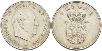 ДАНИЯ 1 КРОНА 1963 C; S, ФРЕДЕРИК IX (1947-1972) КМ 851.1 медно-никель 213-1215