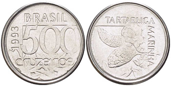 Бразилия 500 крузейро 1993 морская черепаха KM 624 нержавеющая сталь 4396-1055