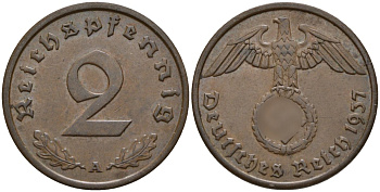 Германия 2 рейхспфеннига 1937 A KM 90, J. 362 бронза 4147-1253