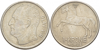 НОРВЕГИЯ 1 КРОНА 1967 ЛОШАДЬ KM 409 медно-никель 4448-452