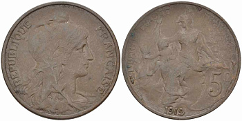 ФРАНЦИЯ 5 САНТИМОВ 1912 ТИП ДАНИЭЛЬ ДЮПЮИ KM 842, LE FRANC 119.24 бронза 108-935