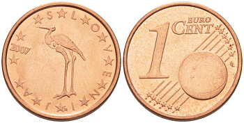 СЛОВЕНИЯ 1 ЕВРОЦЕНТ 2007 БЕЛЫЙ АИСТ KM 68 сталь плакированная медью UNC 214-417
