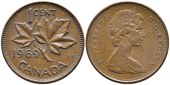 Канада 1 цент 1969 Елизавета II (1952-2022), кленовый лист KM 59.1 бронза 4528-733