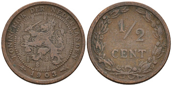 Нидерланды 1/2 цента 1903 Вильгельмина (1890-1948) KM 133 бронза 4576-321