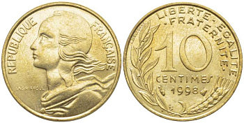 ФРАНЦИЯ 10 САНТИМОВ 1998 ТИП MARIANNE KM 929, LE FRANC 144.42 медь алюминий никель 116-436