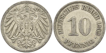 ГЕРМАНИЯ 10 ПФЕННИГОВ 1903 А KM 12, J. 13 медно-никель 210-642