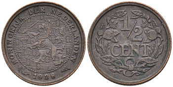 Нидерланды 1/2 цента 1928 Вильгельмина (1890-1948) KM 138 бронза 4576-516