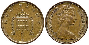 Великобритания 1 пенни 1980 Елизавета II (1952-2022) KM 915, Spink 4237 (B1) бронза 24-1234