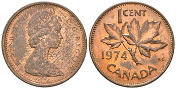 Канада 1 цент 1974 Елизавета II (1952-2022), кленовый лист KM 59.1 бронза aUNC 4594-543