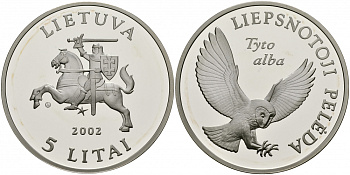 Литва 5 литов 2002 Сова, Tuto alba KM 132 серебро PROOF 11-226-42