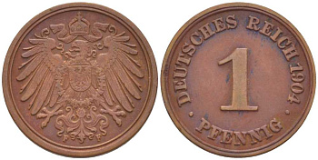ГЕРМАНИЯ 1 ПФЕННИГ 1904 F KM 10, J. 10, Weege 2 медь 211-315