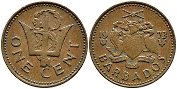Барбадос 1 цент 1973 сломанный трезубец Британии KM 10 бронза 4396-1236