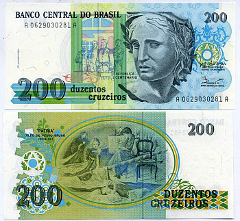 Бразилия 200 крузейро 1990 Pick 229 бумага UNC (пресс) 8588-23-1-2