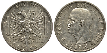 Албания 5 лек 1939 R, Итальянская оккупация KM 33 серебро 441-422