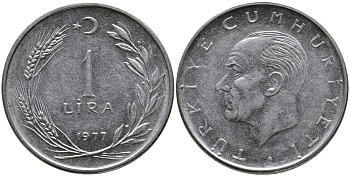 Турция 1 лира 1977 Мустафа Кемаль Ататюрк KM 889а.2 нержавеющая сталь 4541-525