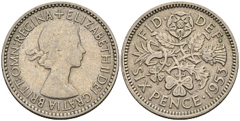 Великобритания 6 пенсов 1953 Елизавета II (1952-2022) KM 889, Spink 4141 медно-никель    4147-415
