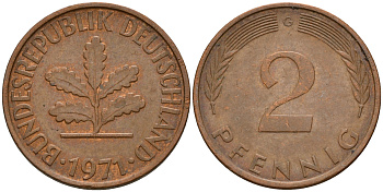 ФРГ 2 пфеннига 1971 G J.381a, KM 106a сталь плакированная медью    4598-766