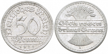ГЕРМАНИЯ 50 ПФЕННИГОВ 1922 A KM 27, J. 301, Weege 10 алюминий 77-623