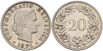 Швейцария 20 раппенов 1921 В KM 29 никель 4592-913