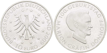 ФРГ 10 евро 2009 J, 100 лет со дня рождения графини Марион Дёнхофф KM 284, DE.S. 10.44 серебро UNC 413-813