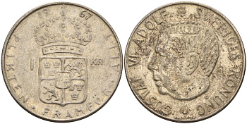 Швеция 1 крона 1967 U, Густав VI Адольф (1950-1973) KM 826 серебро 4150-223