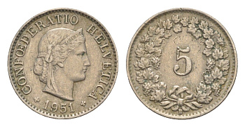 Швейцария 5 раппенов 1951 B KM 26 медно-никель 4627-927