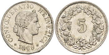 Швейцария 5 раппенов 1966 B KM 26 медно-никель 4608-455