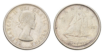 Канада 10 центов 1962 Елизавета II (1952-2022), парусник KM 51 серебро 4669-338