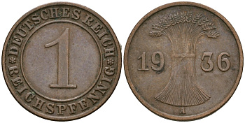 Германия 1 рейхспфенниг 1936 A KM 37, J. 313 бронза 4528-1137