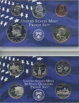 США 2 официальных набора в одном 2000 S, два пруфсета в пластиковых коробках, регулярный чекан и 5 квотеров штаты, в оригинальной коробке с сертификатом PROOF 00-00