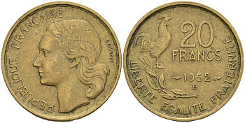 Франция 20 франков 1952 B, петух KM 917.1 алюминиевая бронза 4606-722