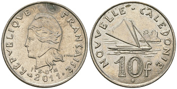 Французская Новая Каледония 10 франков 2011 рыбачья парусная лодка, (IEOM) KM 11a, Schoen 13a, Lec 99k медно-никель 63-422