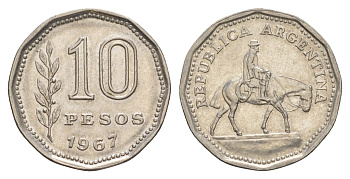 Аргентина 10 песо 1967 KM 60 сталь плакированная никелем 4637-336