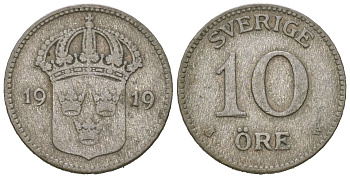 Швеция 10 эре 1919 W, Густав V (1907-1950) KM 780 серебро 4611-366